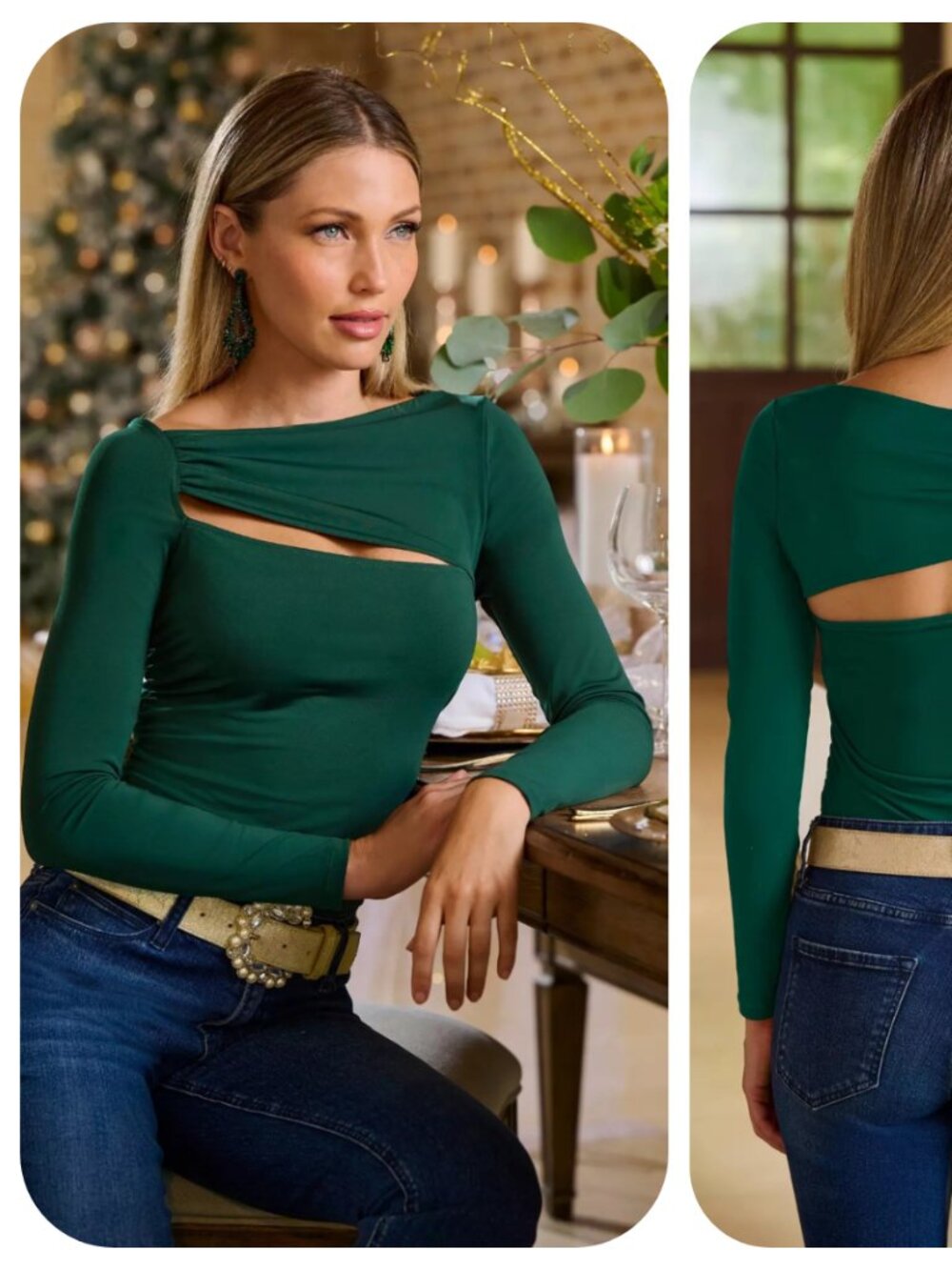 BOSTON PROPER Sleek Ruched Cut Out Emerald Top LARGE